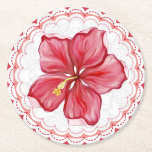 Hibiscus & lace RED Round Paper Coaster