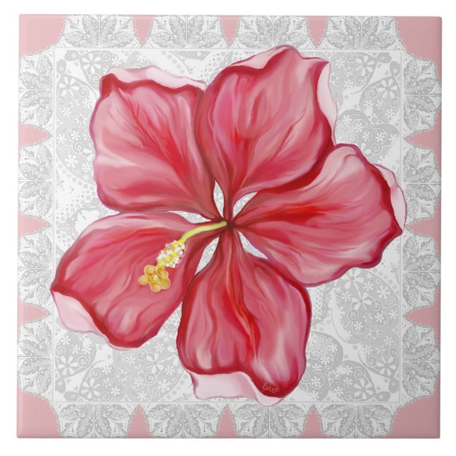 Hibiscus & lace RED Tile (Front)