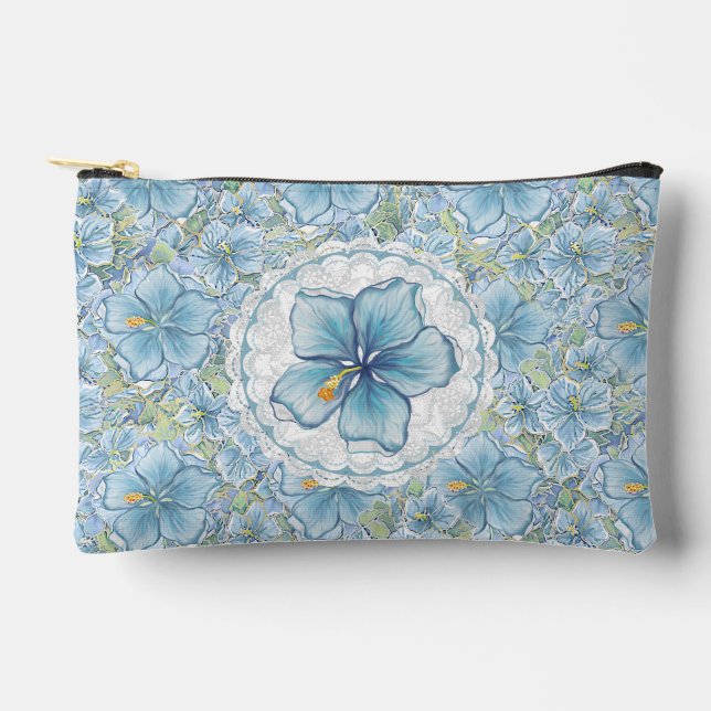 Hibiscus & lace TURQUOISE Accessory Pouch (Front)
