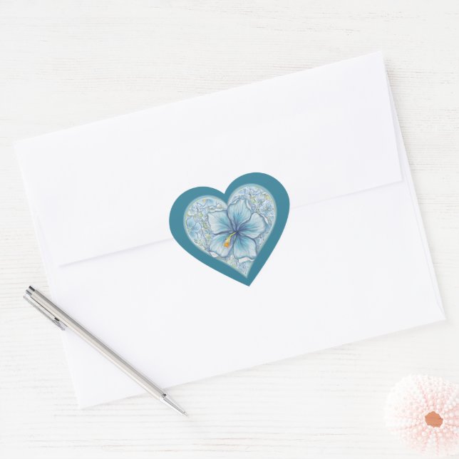 Hibiscus & lace TURQUOISE Heart Sticker (Envelope)