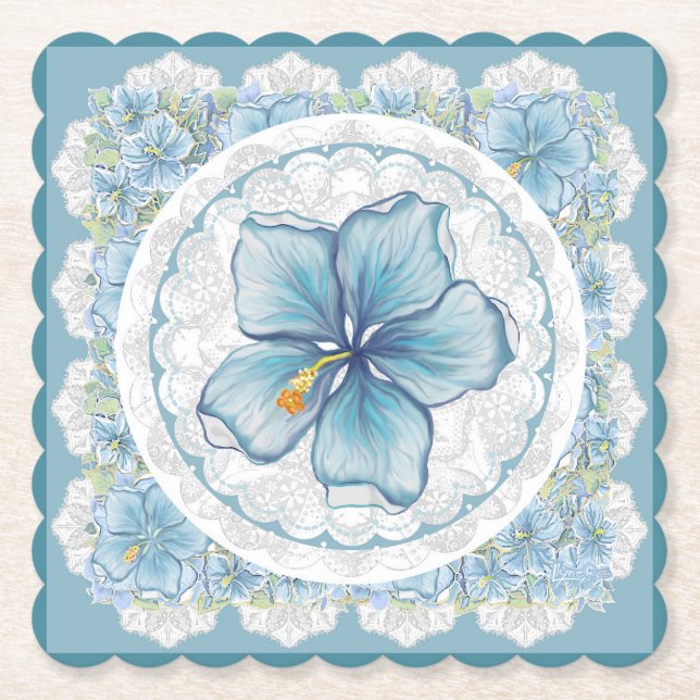 Hibiscus & lace TURQUOISE Paper Coaster (Front)
