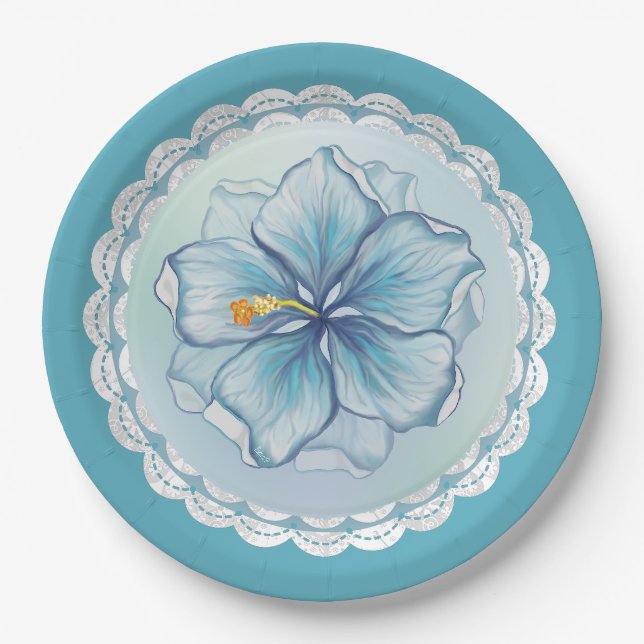 Hibiscus & lace TURQUOISE Paper Plate (Front)