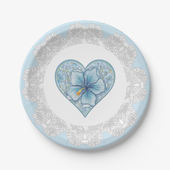 Hibiscus & lace TURQUOISE Paper Plate (Front)