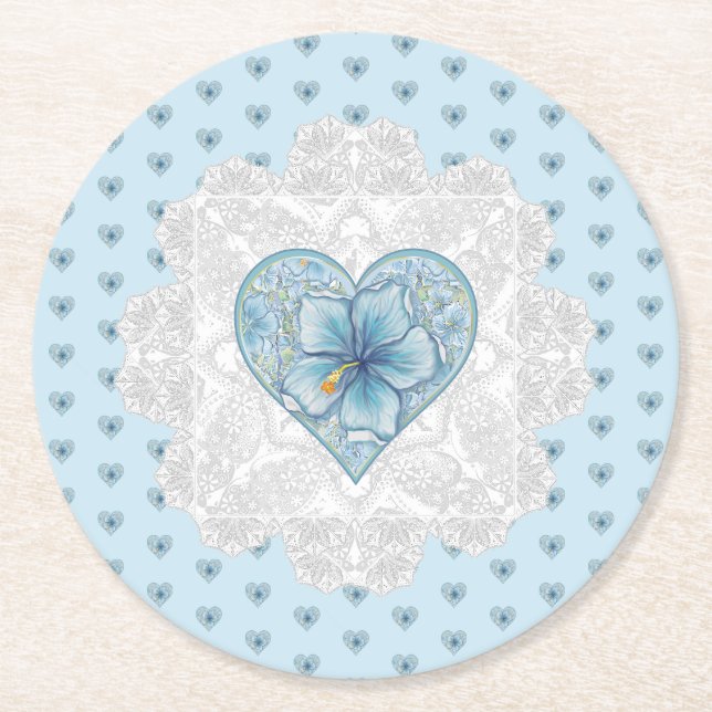 Hibiscus & lace TURQUOISE Round Paper Coaster (Front)