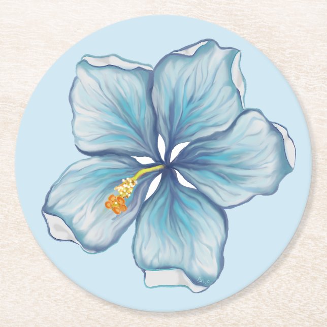 Hibiscus & lace TURQUOISE Round Paper Coaster (Front)