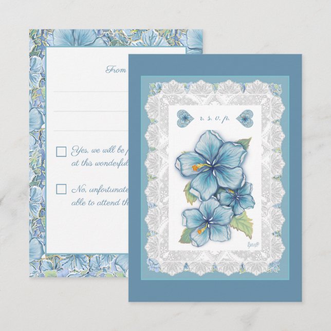 Hibiscus & lace TURQUOISE RSVP Card (Front/Back)