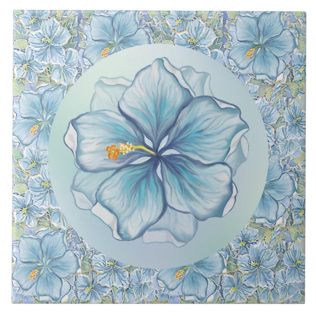 Hibiscus & lace TURQUOISE Tile (Front)
