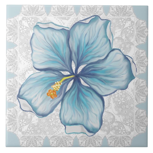 Hibiscus & lace TURQUOISE Tile (Front)