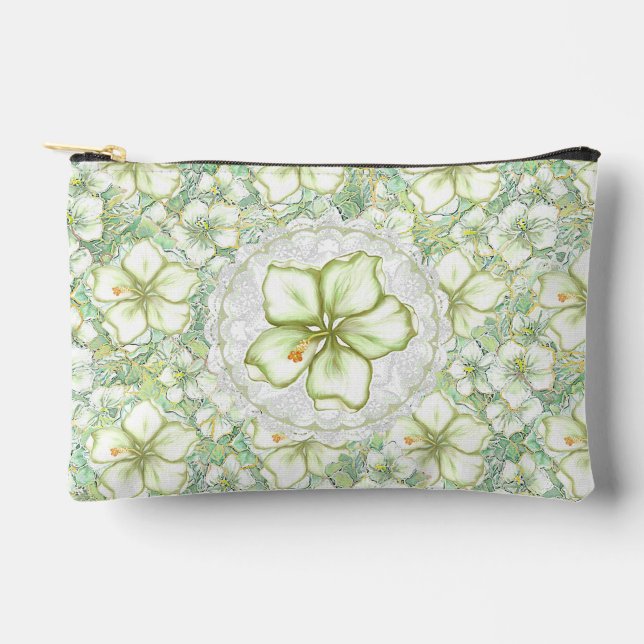 Hibiscus & lace WHITE Accessory Pouch (Front)