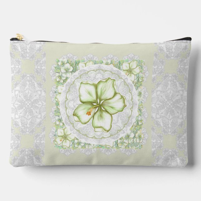 Hibiscus & lace WHITE Accessory Pouch (Front)