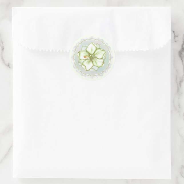 Hibiscus & lace WHITE Classic Round Sticker (Bag)