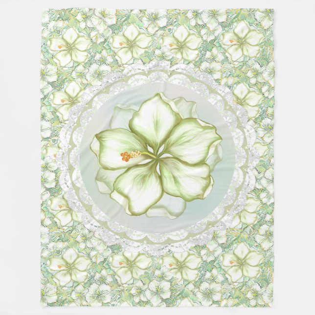 Hibiscus & lace WHITE Fleece Blanket (Front)