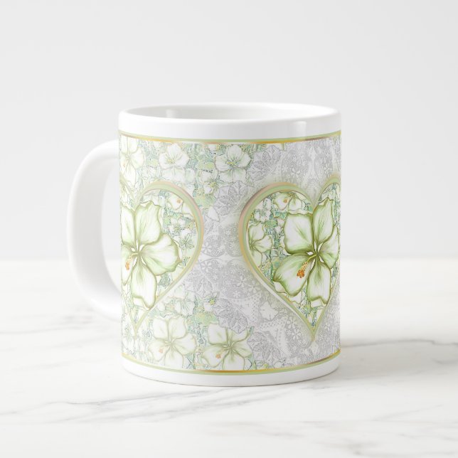Hibiscus & lace WHITE Large Coffee Mug (Front Left)
