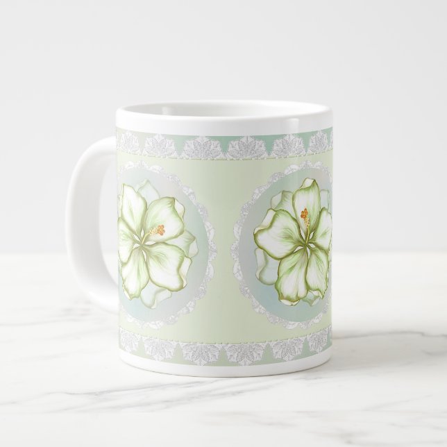 Hibiscus & lace WHITE Large Coffee Mug (Front Left)