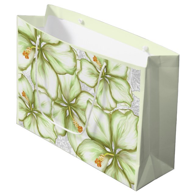 Hibiscus & lace WHITE Large Gift Bag (Front Angled)