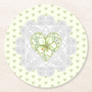 Hibiscus & lace WHITE Round Paper Coaster