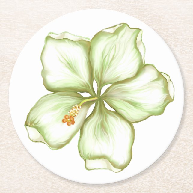Hibiscus & lace WHITE Round Paper Coaster (Front)