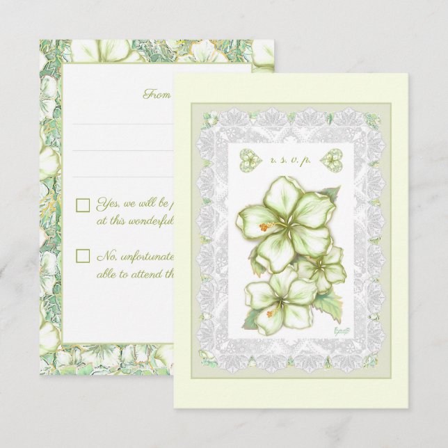 Hibiscus & lace WHITE RSVP Card (Front/Back)
