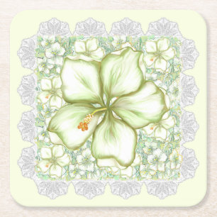 Hibiscus & lace WHITE Square Paper Coaster