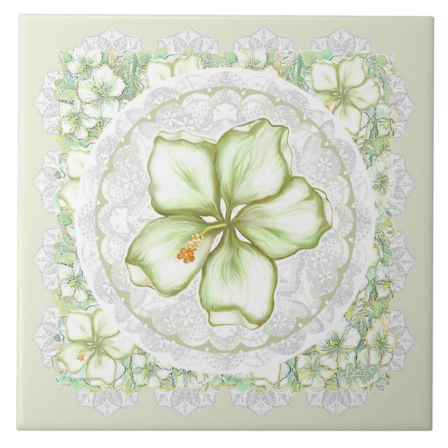 Hibiscus & lace WHITE Tile (Front)