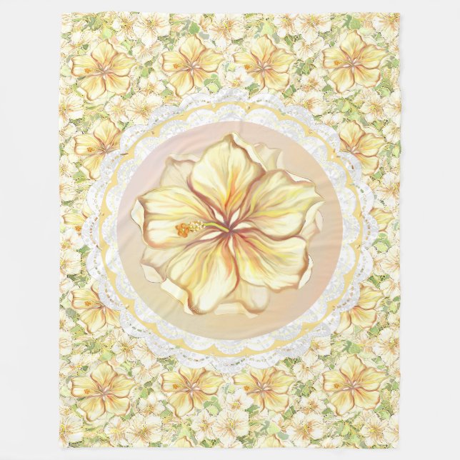 Hibiscus & lace YELLOW Fleece Blanket (Front)