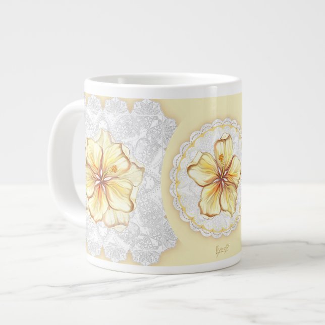 Hibiscus & lace YELLOW Large Coffee Mug (Front Left)
