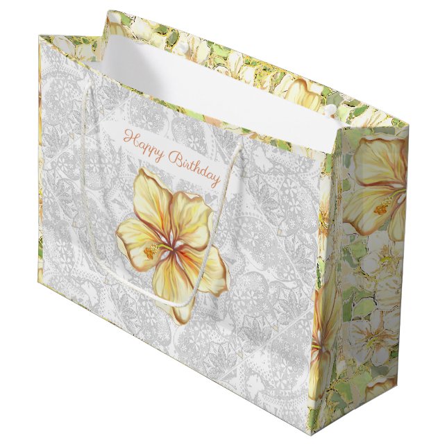 Hibiscus & lace YELLOW Large Gift Bag (Front Angled)