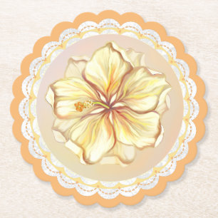 Hibiscus & lace YELLOW Paper Coaster