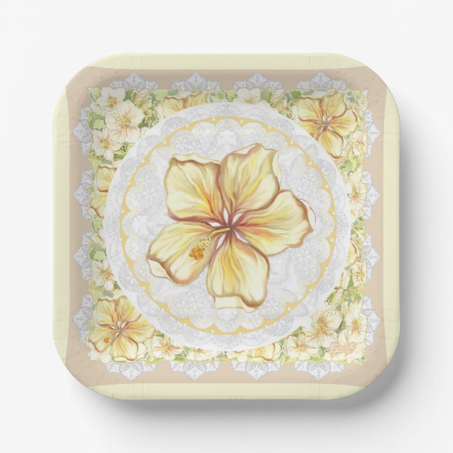 Hibiscus & lace YELLOW Paper Plate (Front)