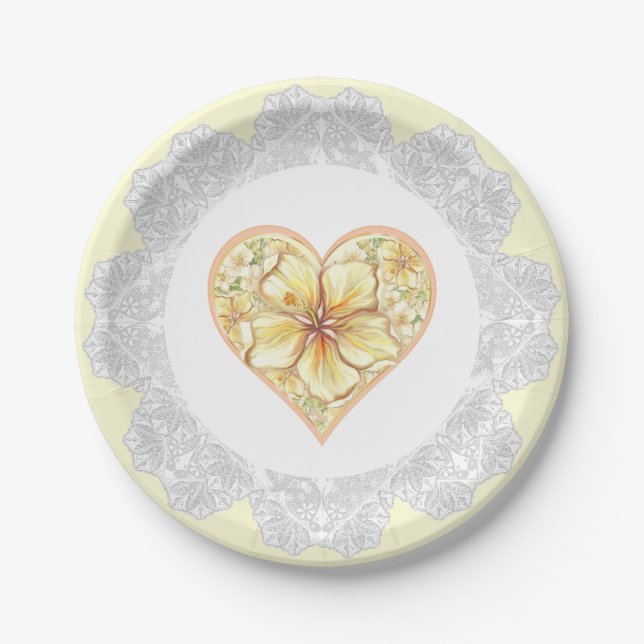 Hibiscus & lace YELLOW Paper Plate (Front)