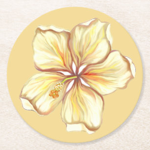 Hibiscus & lace YELLOW Round Paper Coaster