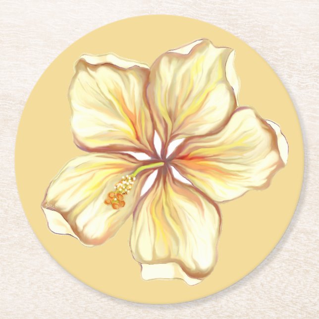 Hibiscus & lace YELLOW Round Paper Coaster (Front)