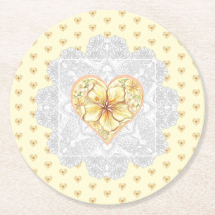 Hibiscus & lace YELLOW Round Paper Coaster