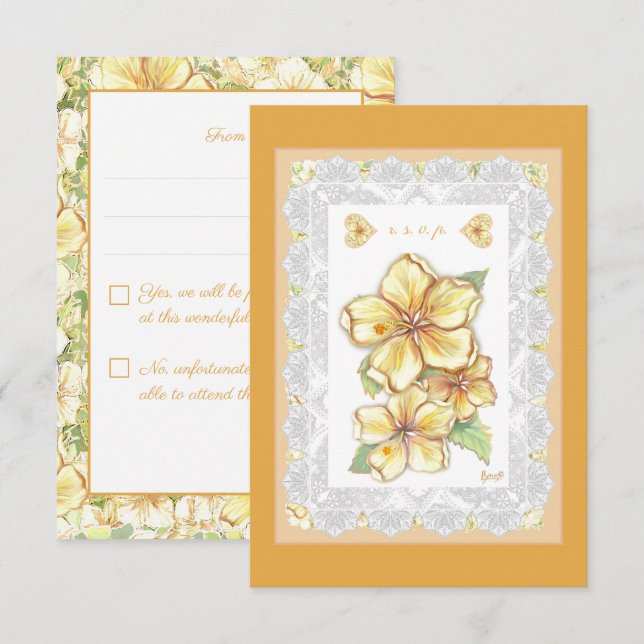 Hibiscus & lace YELLOW RSVP Card (Front/Back)