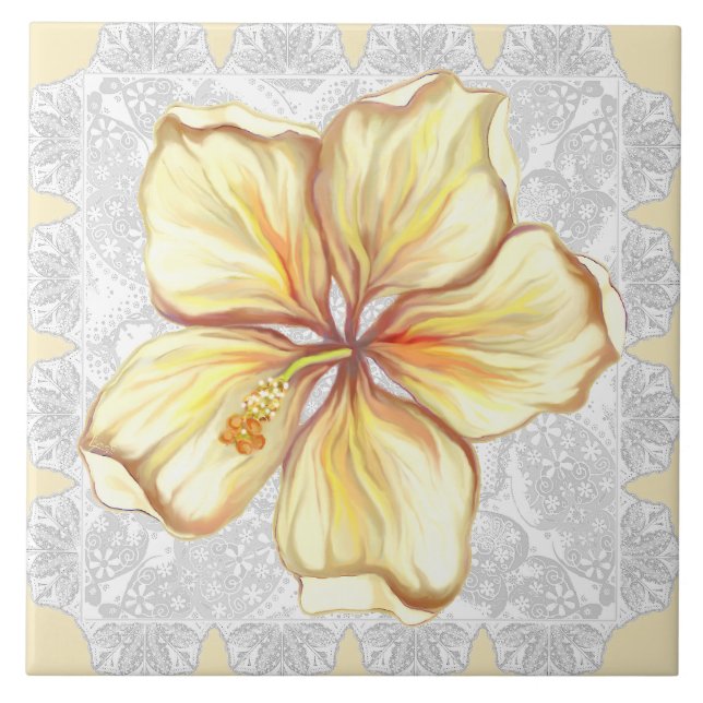 Hibiscus & lace YELLOW Tile (Front)