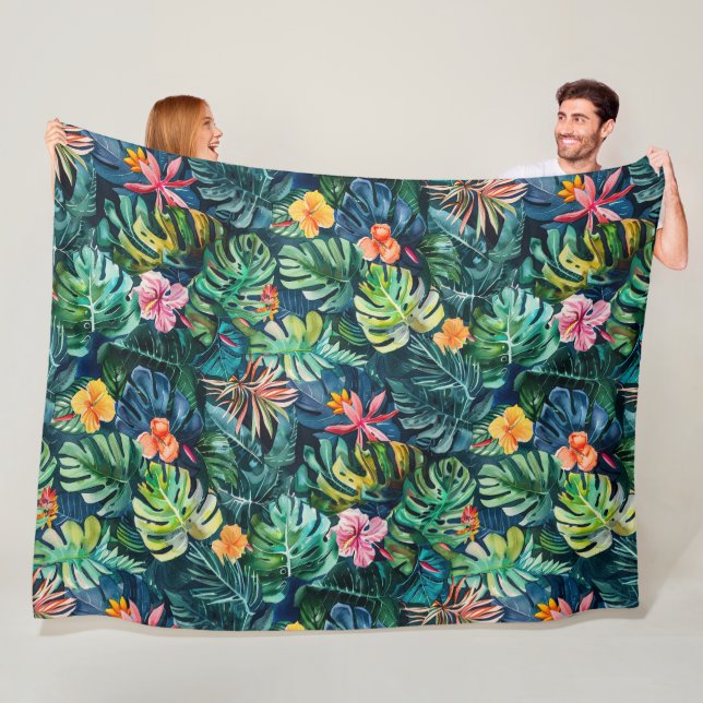 Hibiscus Monstera Jungle Fleece Blanket (In Situ)