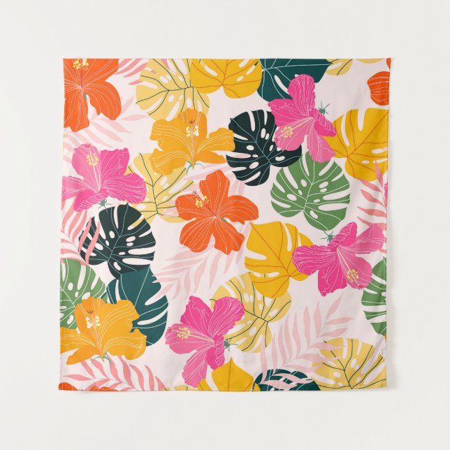 Hibiscus & Monstera: Tropical Vibrance Tapestry (Front)
