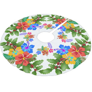Hibiscus n Holly Tropical Design Brushed Polyester Tree Skirt