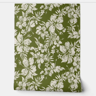 Hibiscus Pareau Distressed Hawaiian - Dark Olive Wallpaper