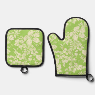 Hibiscus Pareau Distressed Hawaiian Lime Oven Mitt & Pot Holder Set