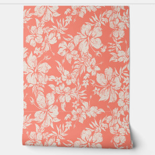 Hibiscus Pareau Distressed Hawaiian - Living Coral Wallpaper