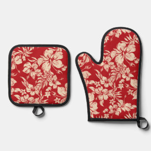  Hibiscus Pareau Distressed Hawaiian Red Oven Mitt & Pot Holder Set