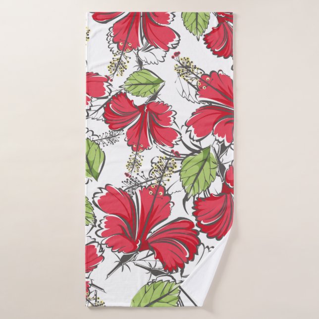 hibiscus pattern with tropical leaves and flowers  bath towel (Bath Towel)