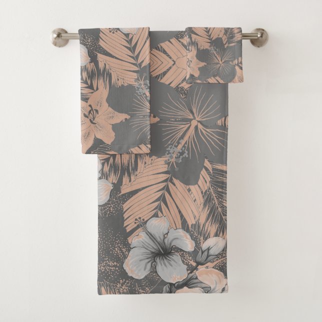 Hibiscus Petals and Leaves Grey Blush Blue Shades Bath Towel Set (Insitu)