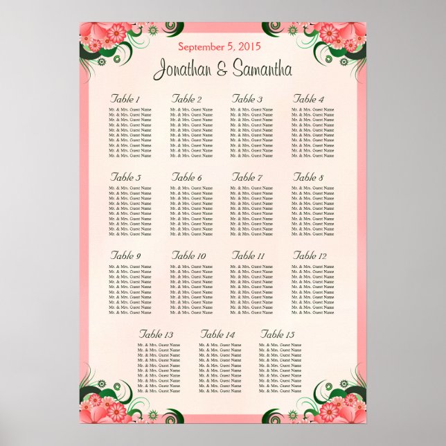 Hibiscus Pink 15 Wedding Tables Seating Charts (Front)