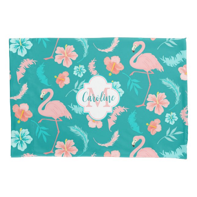 Hibiscus Pink Flamingo Tropical Teal Pillowcase (Front)
