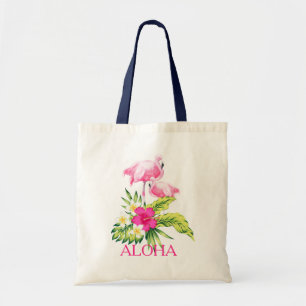 Hibiscus & Pink Flamingos Tropical Design Tote Bag