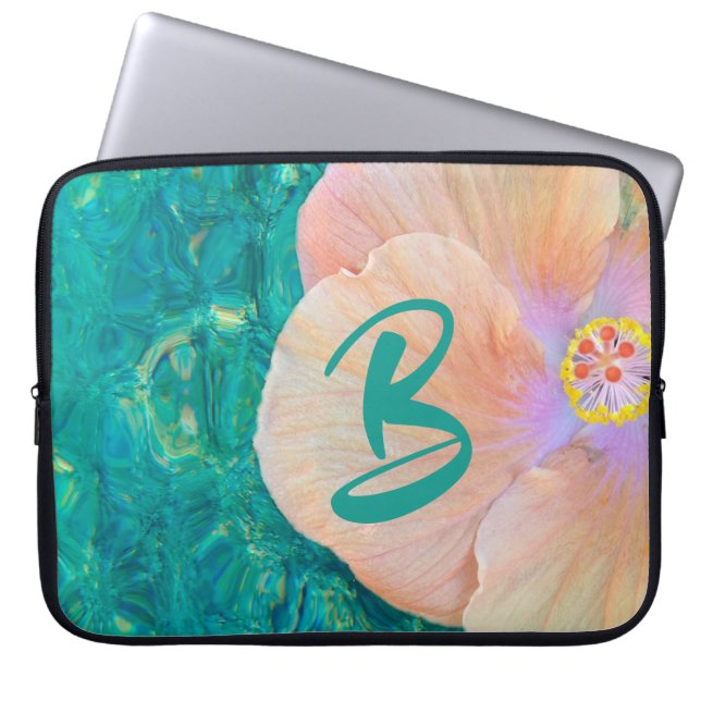 Hibiscus pink turquoise ocean water Hawaiian Laptop Sleeve (Front)