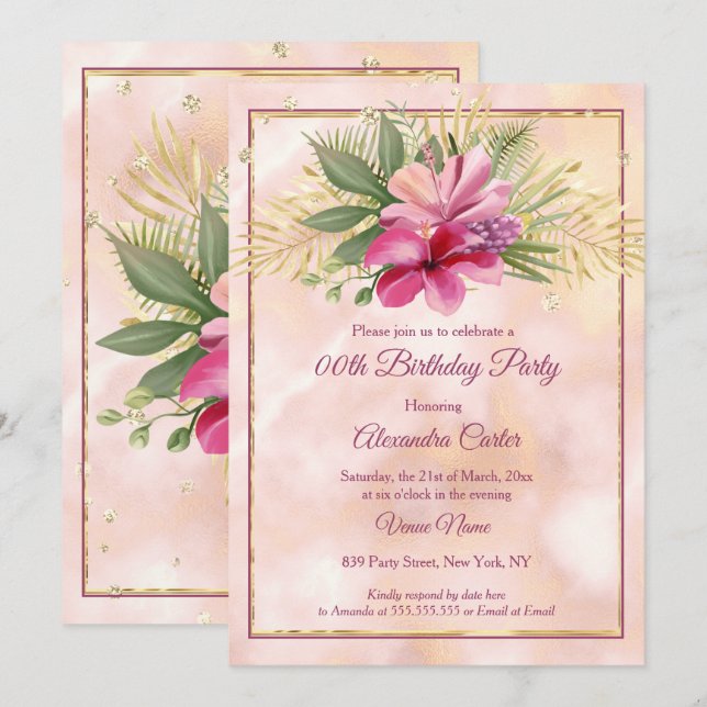 Hibiscus Plum Pink marble gold Birthday Party Invitation (Front/Back)