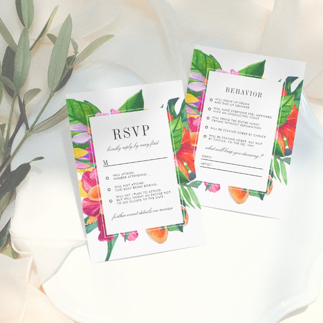 Hibiscus, Plumeria & Palm Funny Wedding RSVP Invitation (Creator Uploaded)